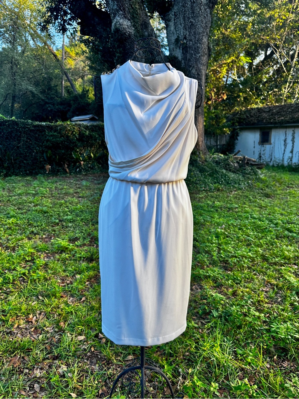 Elegant Draped Sleeveless Faux Wrap Women’s Dress in Winter White NWOT
